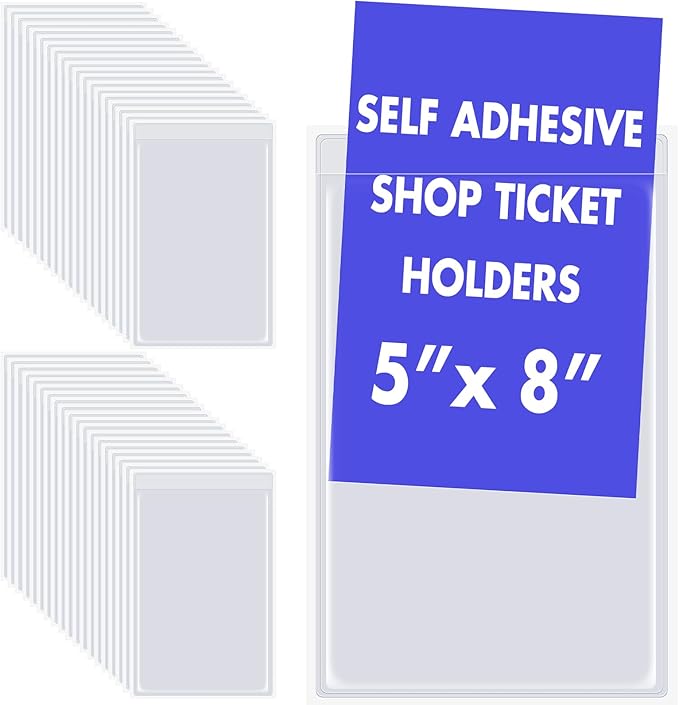 Outus 60 Pcs Self Adhesive Shop Ticket Holders Clear Plastic Sleeves Adhesive Pockets Work Order Job Ticket Holders for Back to School Student Label Home Office Posting Signs (5 x 8 Inch)