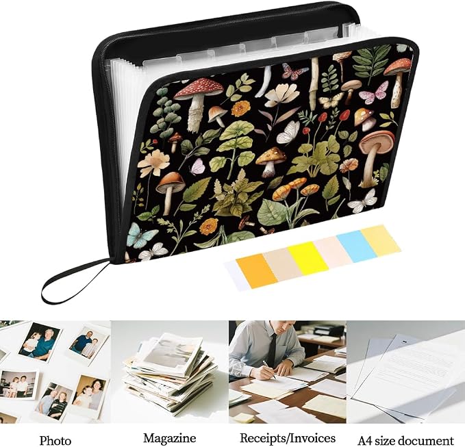 WEBEEDY Mushroom Botanical Expanding File Folder 13 Pockets Butterfly Plants Accordion Folder with Labels and Zipper, Waterproof Portable Expandable File Organizer for A4 Paper Photo Letter Receipt