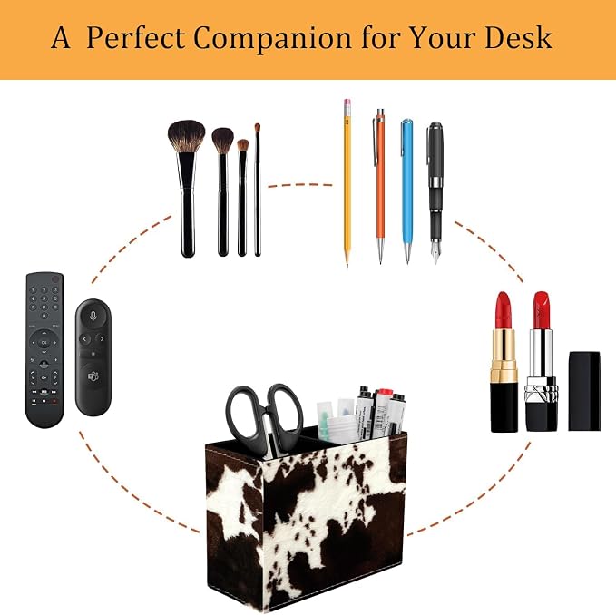 Pen Holder for Desk, PU Leather Multifunctional Desktop Storage Box and Anti-Slip Mouse Pad Set, Makeup Brush Holder Pen Organizer for Office and Home - Cow Hide Print
