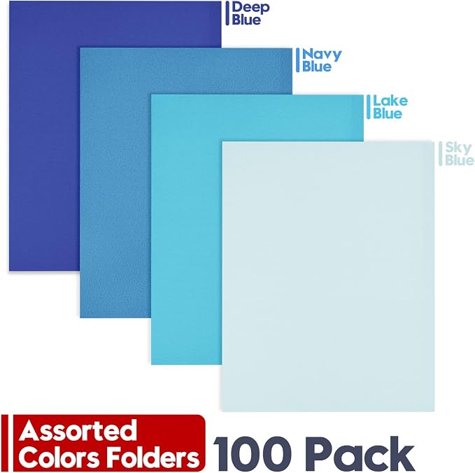 100 Pack 2 Pocket Folders, Letter Size 8.5" x 11" Folders with Business Card Slot, Durable Paper Bulk File Folders for Office, School, Presentation Home and Business Use, Blue Assorted