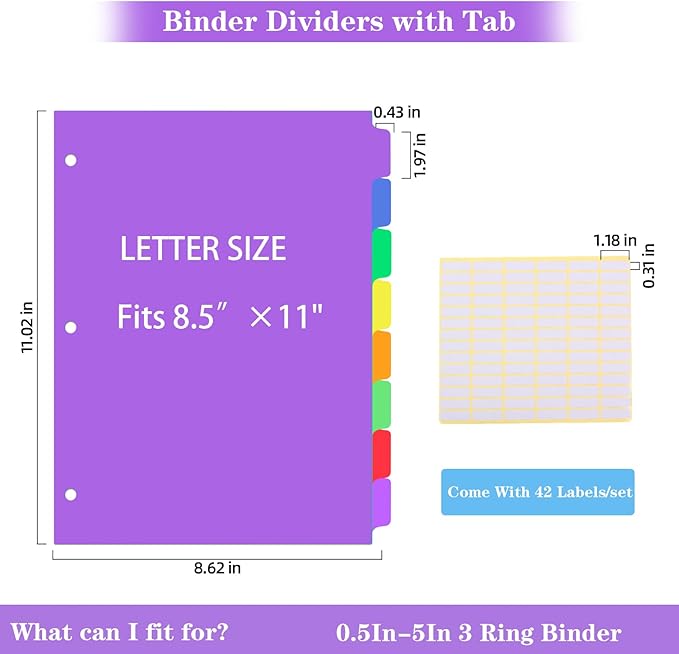 Binder Dividers for 3 Ring Binder,8 Tab Plastic File Dividers, Multicolor,Pack of 6sets(48 Dividers Total)