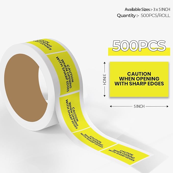 StickerJet Caution When Opening with Sharp Edges – Warehouse Receiving Labels – 3"x5" Rectangle Labels – 500 Qty/Roll – Paper, Easy Peel and Stick, Strong Adhesive, No Residue, Made in USA