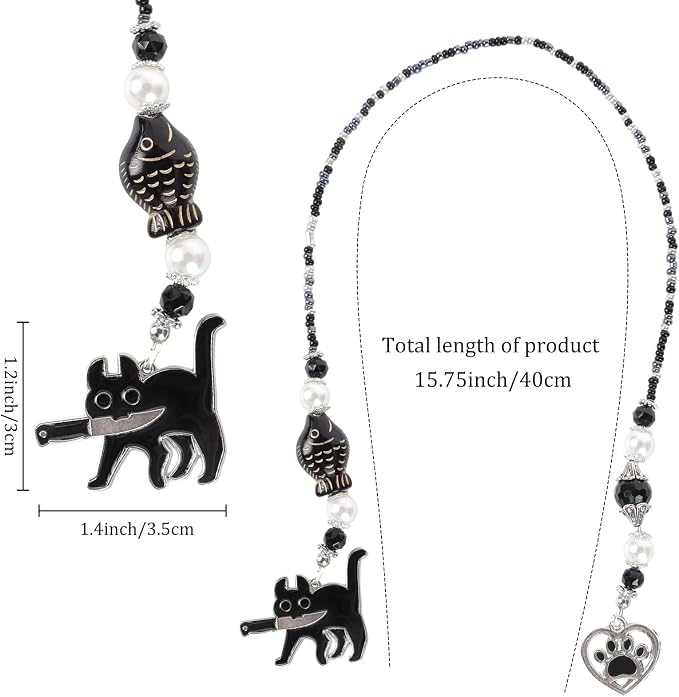 Black Cat Beaded Bookmark - Fantasy Cute Cats Crystal Bead Chain Bookmark, Catchain Pendant, Book Marks Gifts for Books Lovers Students Teacher Office School Supplies