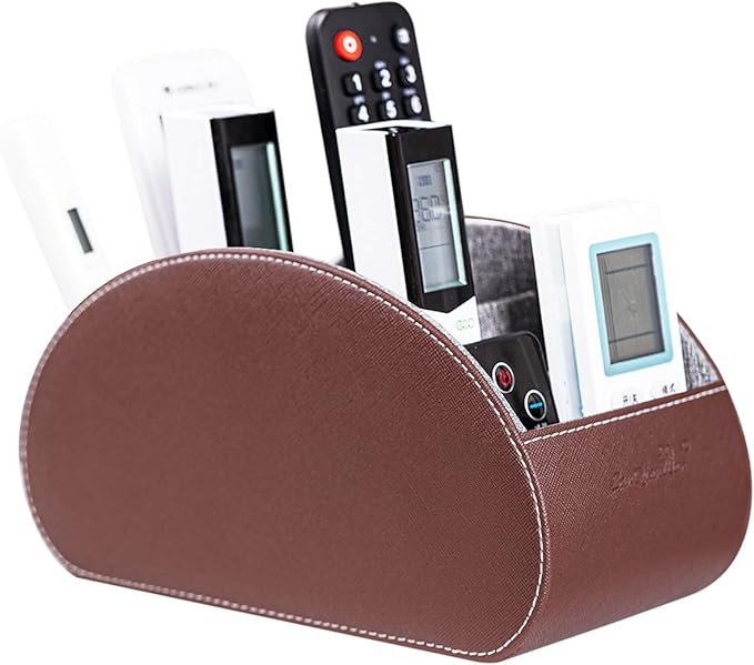 Remote Control Holders Organizer Box with 5 Compartment PU Leather Multi-functional Office Desk Storage Caddy Store Tv Remote for Media Player,Brush,Pencil,Glassees&Office Supplies (Dark Brown)