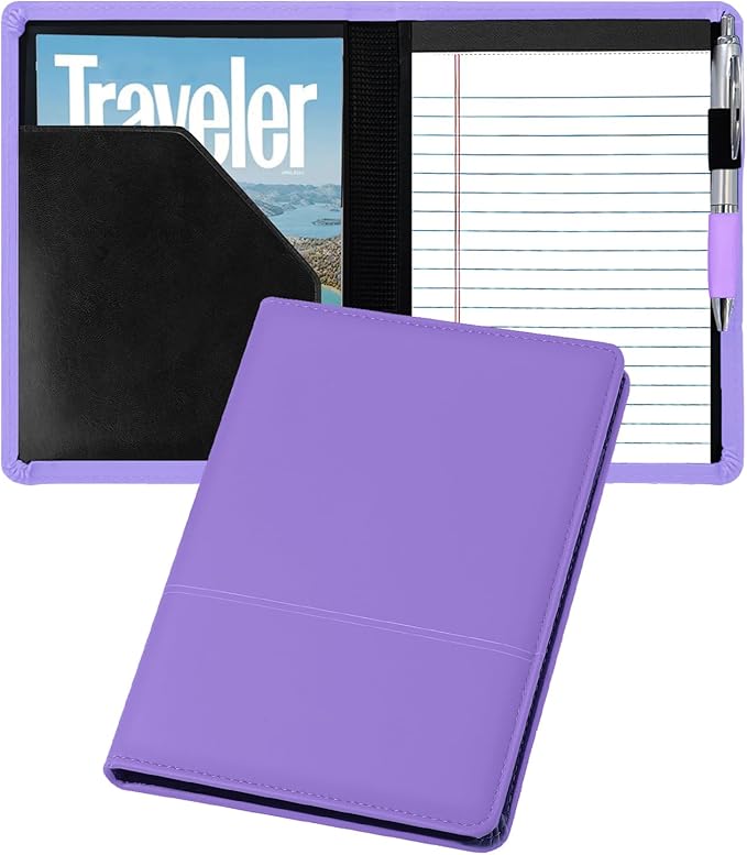 Classic Padfolio/Junior Portfolio Folder Case, Business A5 Leather Organizer Binder for Men Women, A5 Writing Pad Included, Purple.