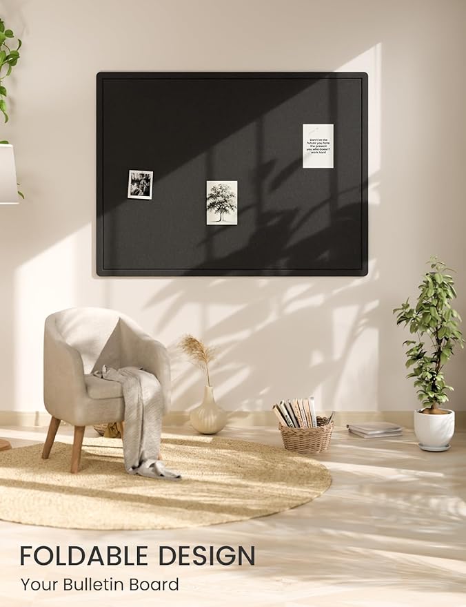 Fluxnara Bulletin Board,Cork Board Alternative with Safe Removable Adhesive Tabs, Foldable Felt Pin Board for Home Office, Classroom, Bedroom,Entryway for Walls (Black, 47.2 x 35.4 inches)