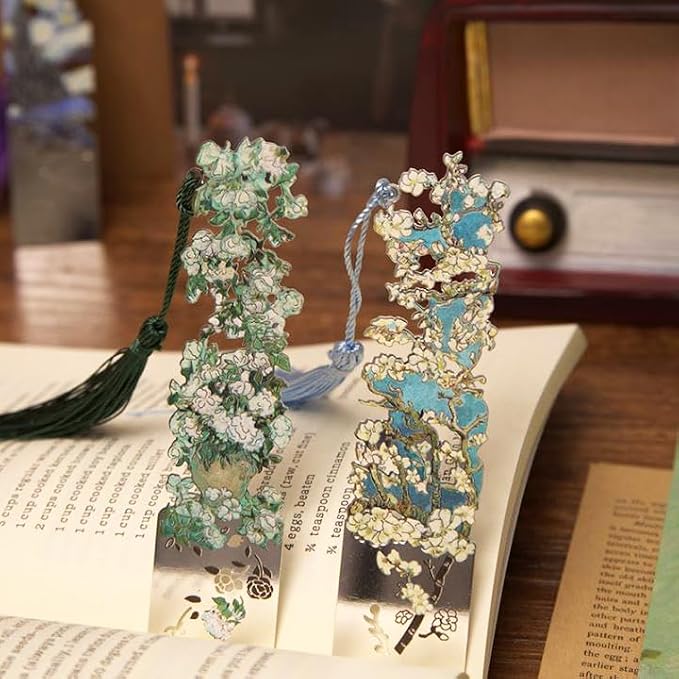 4 Pcs Metal Bookmarks with Tassel, Sliver Hollow Bookmark Oil Painting Theme Bookmark Art Bookmarks for Book Lovers Writers Readers Children Teens Men Women Adults (Gift Box)