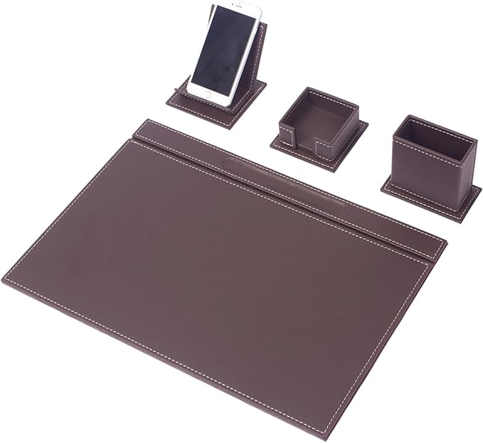 Leather Desk Set - Home Office Accessories - Desk Supplies - Leather Desk Set - Office Table Work Desk Accessories - Desk Storage Organizer - 4 Accessories-4 PCS (Brown)