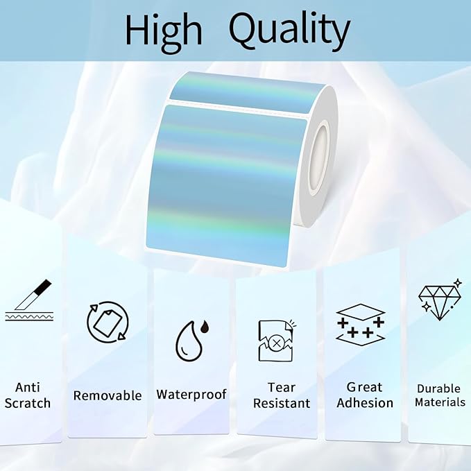 Square Thermal Labels Stickers 3" x 3", Holographic Thermal Stickers Labels, Glitter Self-Adhesive Direct Thermal Label for Small Business- Holographic Blue