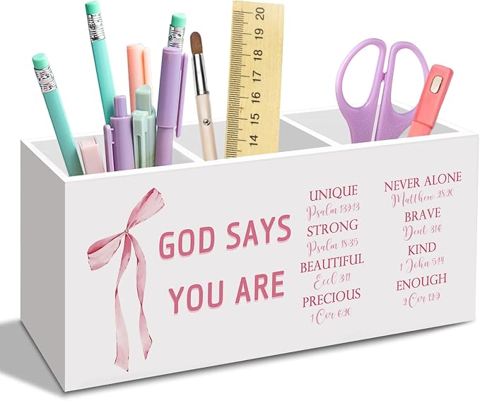 Pink Christian God Says You Are Pen Pencil Holder for Desk, Pink Bow Office Desk Accessories, Coquette Bible Christian Gifts Pen Holders Organizer for Girls Women Office Classroom