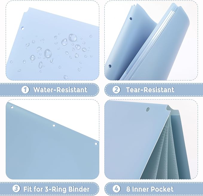 Plastic Pocket Folders，2 Pockets and 3 Dividers, Letter Size – Fits 3-Ring Binders – School Folders for Students & Office Use – Black & Haze Blue