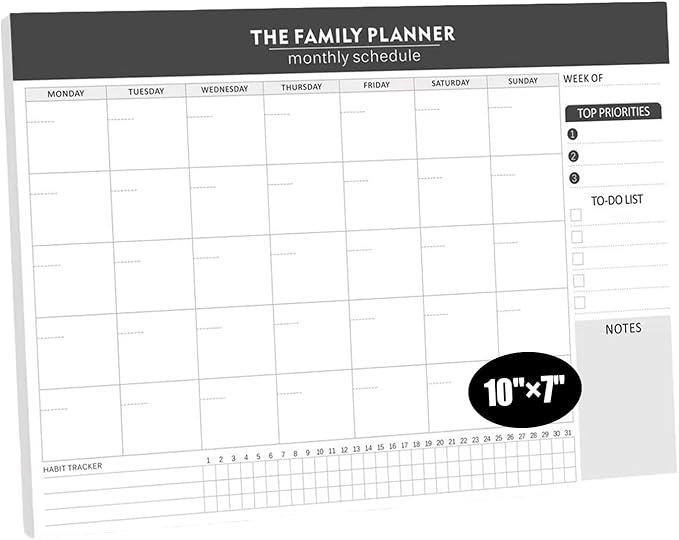 Monthly Planner Notepad with 52 Monthly Blank Calendar Sheets - 7"x10" Undated Format for Flexible Planning & Goal Tracking, Undated Blank Calendar Design for Custom Monthly Scheduling, Black