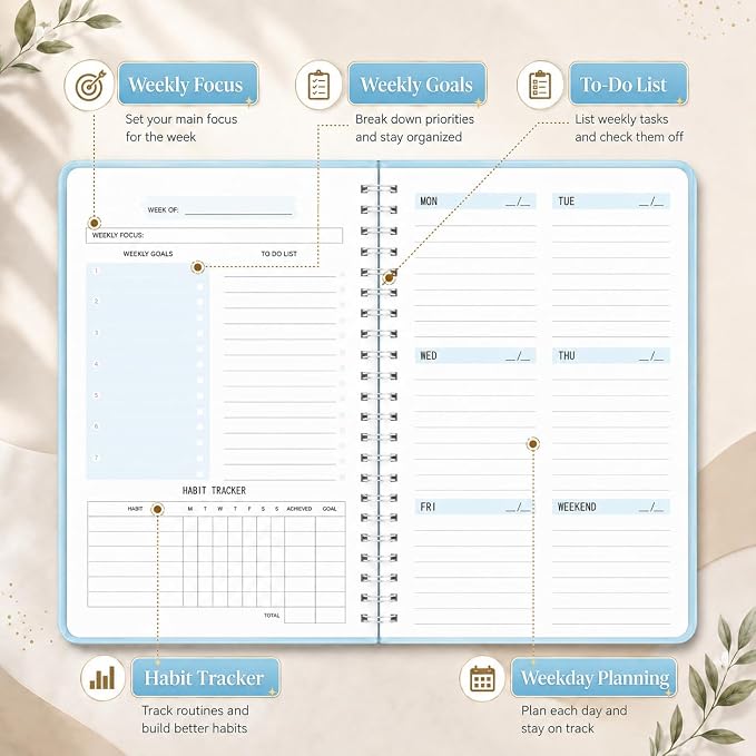 TREES Undated Weekly Planner, Weekly To Do List Notebook with Goal & Habit Tracker Organizer, A5 5.7"" x 8.0"" Weekly Planner Notebook with Spiral Binding for Men or Women, Blue