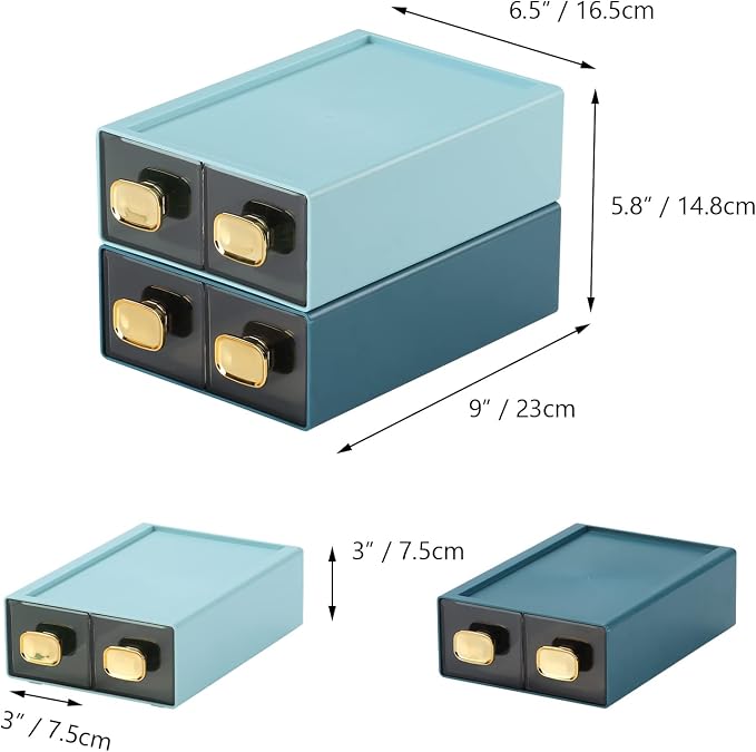Spacious Desk Drawers, Stackable Desktop Organizer, Plastic Storage Box for Office, School & Home Supplies (4 Small Drawers, CYAN)