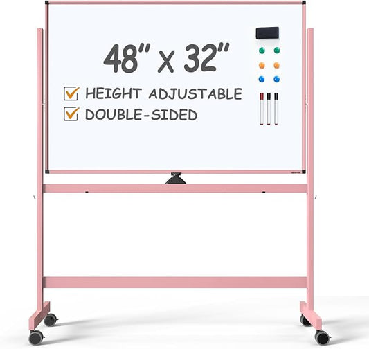 TSJ OFFICE Large Rolling Whiteboard - Dry Erase Magnetic 48 x 32 Inches White Board Height Adjust Double Sides Mobile Portable Easel on Wheels, Dry Erase Board with Stand for Office, Home & Classroom