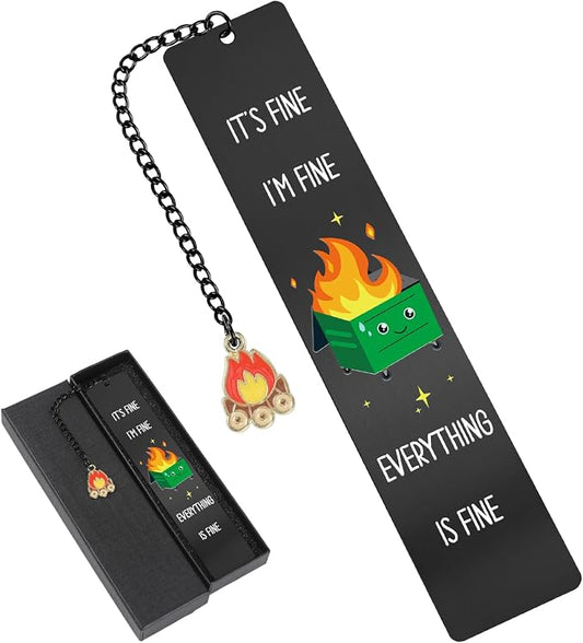 Funny Bookmark for Men - Dumpster Fire Desk Accessories Metal Book Marks Gifts for Reading Women Black Cute Inspirational Page Markers for Boys Girls Kids Students Teachers Birthday School