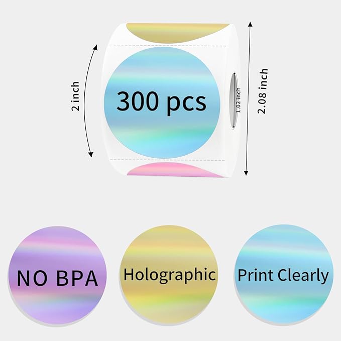 STARLIBOO 2 Inch Round Holographic Thermal Label Stickers, Glitter Circle Thermal Printer Sticker Labels, Self-Adhesive Direct Labels for Gift Wrapping-5 Colors