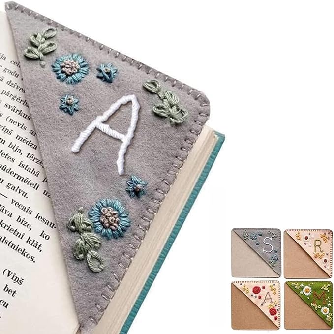 Personalized Hand Embroidered Corner Bookmark, 26 Letters Cute Flower Embroidered Corner Bookmark Embroidery Book Marker Clip for Book Lovers Bookmarks for Reading Lovers Meaningful GIF (Winter, A)