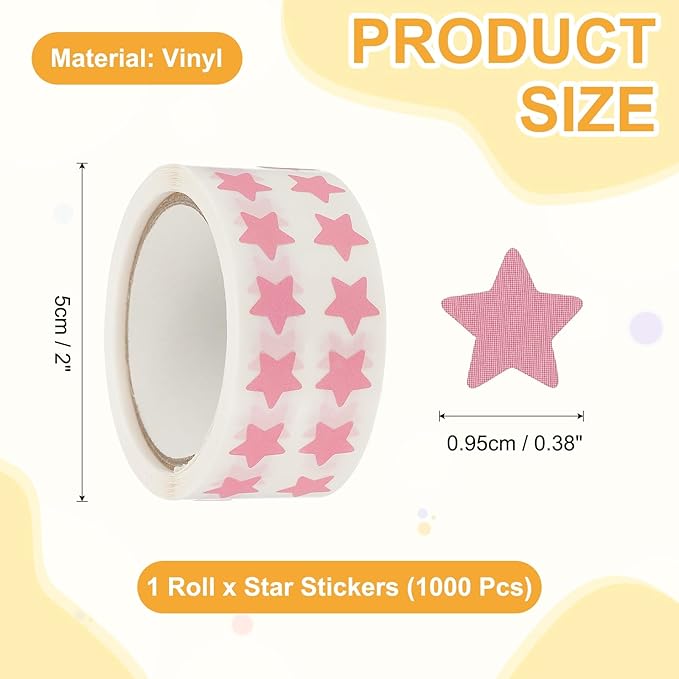 PATIKIL Star Stickers Roll 3/8", 1000 Pcs Self-Adhesive Reward Stickers for Classroom Teacher Supplies and DIY Craft, Pink