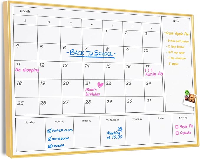 3-in-1 Dry Erase Calendar for Wall with Golden Aluminum Frame, 31.5X 23.6 inches Magnetic Monthly & Weekly Calendar Whiteboard, Dry Erase Board for Wall for Decor/Memo(YL+ZL-Gold,6080)