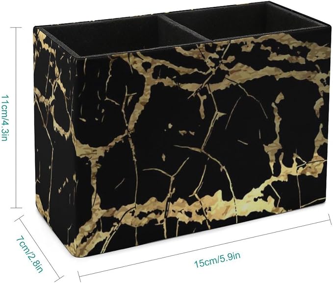 Pen Pencil Holder Gold Marble Black in PU Leather, Multi-Functional Pencil Container with Anti Slip Bottom for Home Office, Square Pen Holder