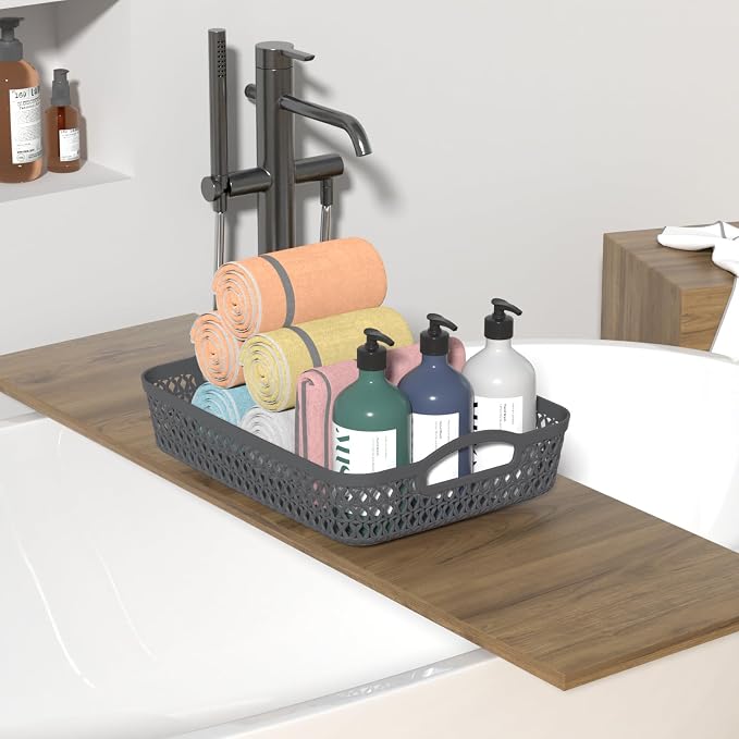 Kekow Plastic Storage Tray Basket with Handle, Set of 6, 13.22" x 10.23" x 2.95", Gray
