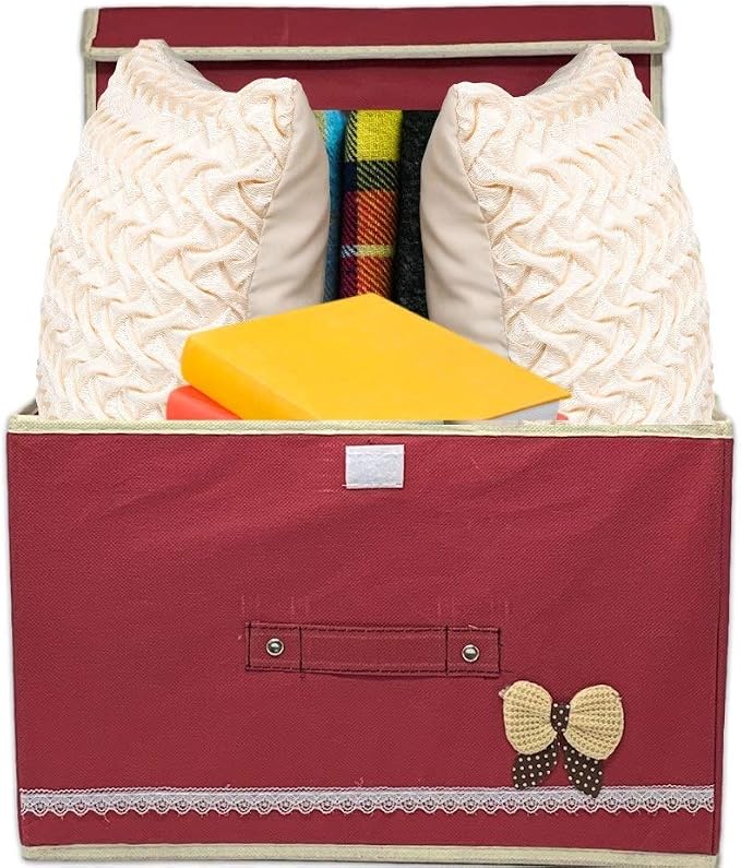 Storage Boxes Set of 3, Foldable Red Utility Bins with Lids and Handles, Collapsible Fabric Storage Baskets for Shelves, Closets, Toys, Crafts, Office Supplies, Dorms, Bedrooms, 14.25"W x 9.25"H