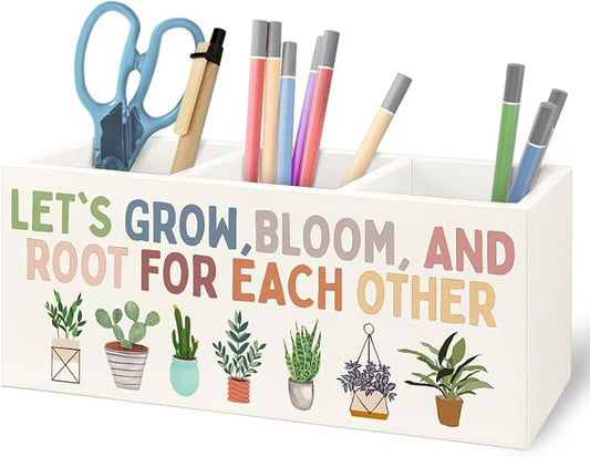 Boho Plant Classroom Wooden Pen Pencil Holder for Office Desk Accessories, Back to School Supplies for Students College Boys Girls Teachers First Day of School, Let's Root for Each Other