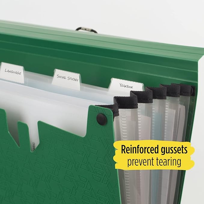 Five Star 6 Pocket Expanding File Organizer, Plastic Expandable File Folders with Pockets and Tab Inserts, Holds 11" x 8-1/2", Bungee Closure, Forest Green (72925)
