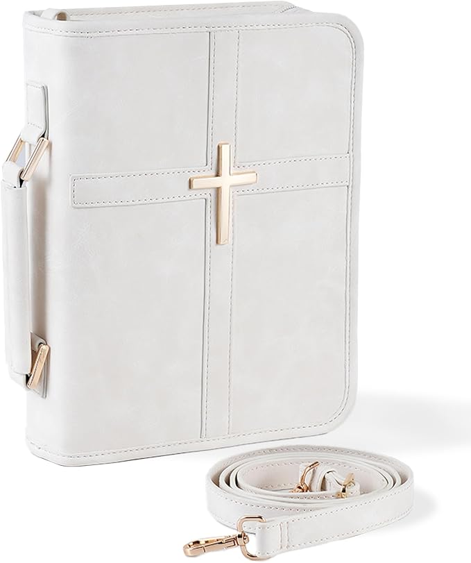 Vegan Leather Bible Cover Case, Bible Bag with Phone Pocket, Bible Case for Women, Christian Gift Box Packaging (White – with Strap)