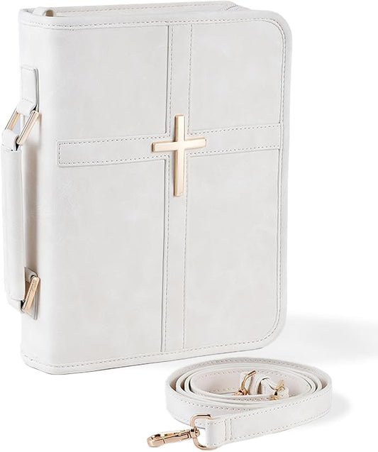 Vegan Leather Bible Cover Case, Bible Bag with Phone Pocket, Bible Case for Women, Christian Gift Box Packaging (White – with Strap)