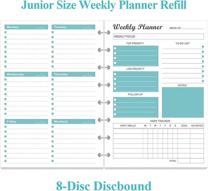 Junior Size Undated Weekly Planner Refills - 8-Disc 53 Sheets/106 Pages Weekly Planner for Half Letter Size, 100 gsm White Paper, Lasts 1 Year, Undated, 5.8" x 8.3", Teal
