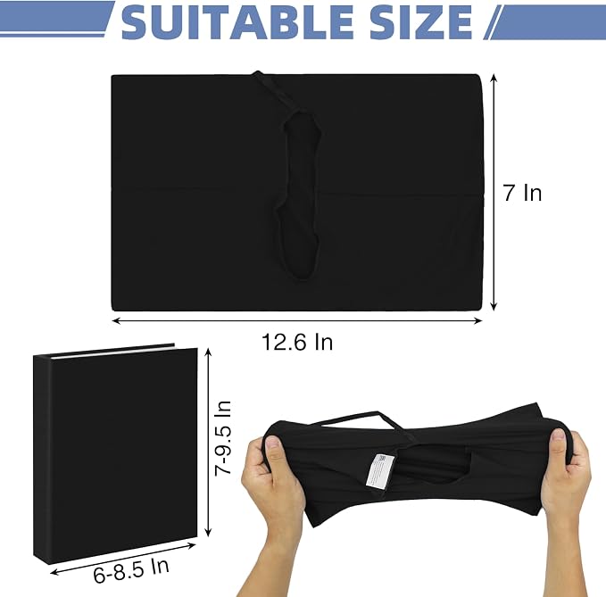 KICNIC Black Fabric Book Cover for Hardcover, 1 Pack, 6x9 Inch, Up to 8.5”x9.5”, Adjustable School Book Sleeve Protector for Teens, Stretchable Decorative Cloth Book Sox for Book Lovers