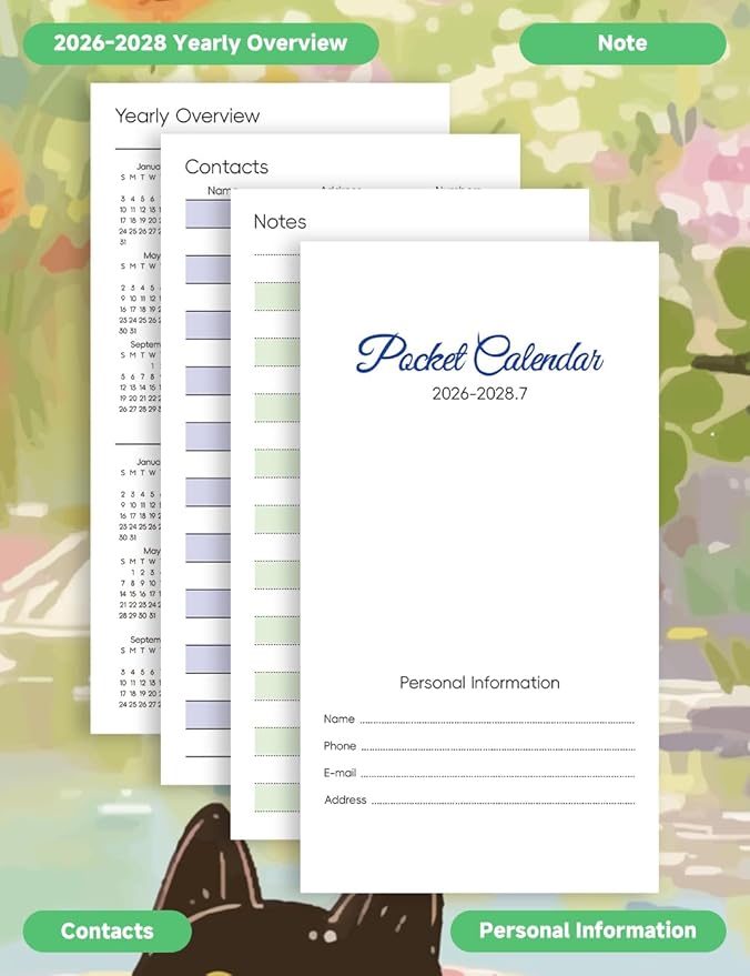 Pocket Calendar 2026-2028 Animal Series, Monthly Planner Jan 2026 to Jul 2028 (3.7" x 6.7") Perfect Purse Calendar, Pocket Agenda with Protective Plastic Sleeve- Float Cat