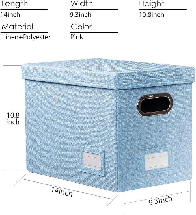 PRANDOM File Organizer Box - Set of 1 Collapsible Decorative Linen Filing Storage Hanging File Folders with Lids Office Cabinet Letter Size Blue (14x9.3x10.8 inch)
