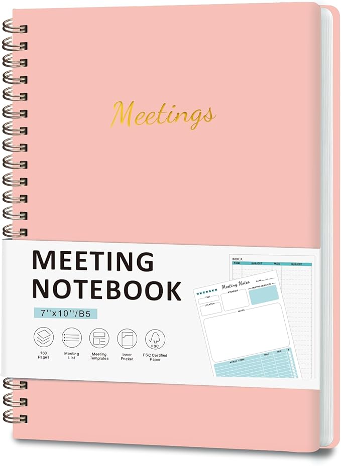 Meeting Notebook for Work Organization, Work Planner Notebook with Action Items, Project Agenda Planner for Note Taking, 160 Pages (6.9" X 9.9"), Perfect Office School Business Supplies for Women & Men (Pink)