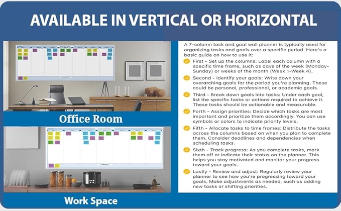 Sky Blue 7-Column Task, Goals & Objective Wall Horizontal Organizer 36" x 75". Complete with Marker