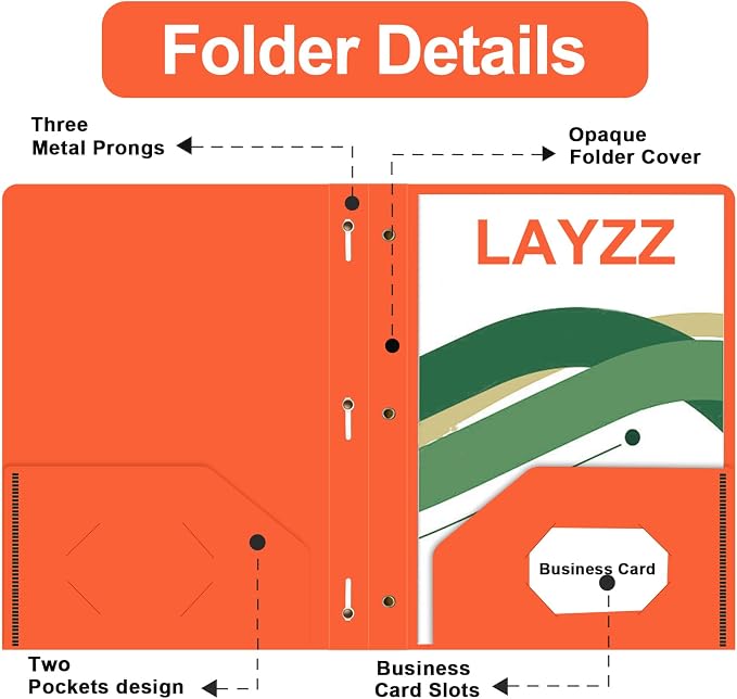 Two Pocket Folders with Prongs, LAYZZ 60 Pack Poly Plastic Folders, Heavy Duty Plastic Folders with Pockets and Prongs, Letter Size, for Offices and Schools (Orange)