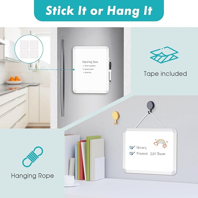 WALGLASS Small Dry Erase Whiteboard, 16" x 12" Magnetic White Board for Wall, Fridge, Locker, Portable Mini White Board for Kids, Students, Hang or Stick Whiteboard for Home, School, Office, Kitchen