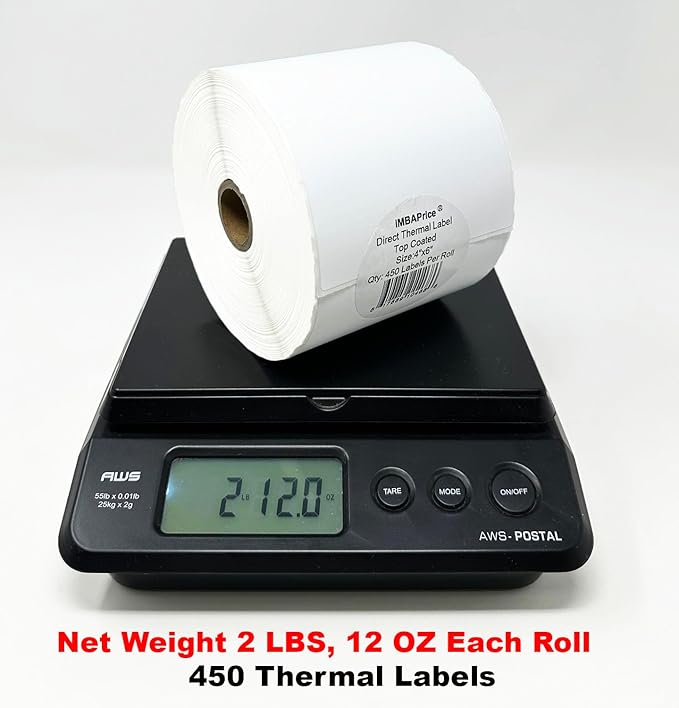 iMBAPrice - 1 Roll of 450-4x6 Direct Thermal Labels for Zebra 2844 ZP-450 ZP-500 ZP-505 (1 inch core) - 95+60GSM Top Coated