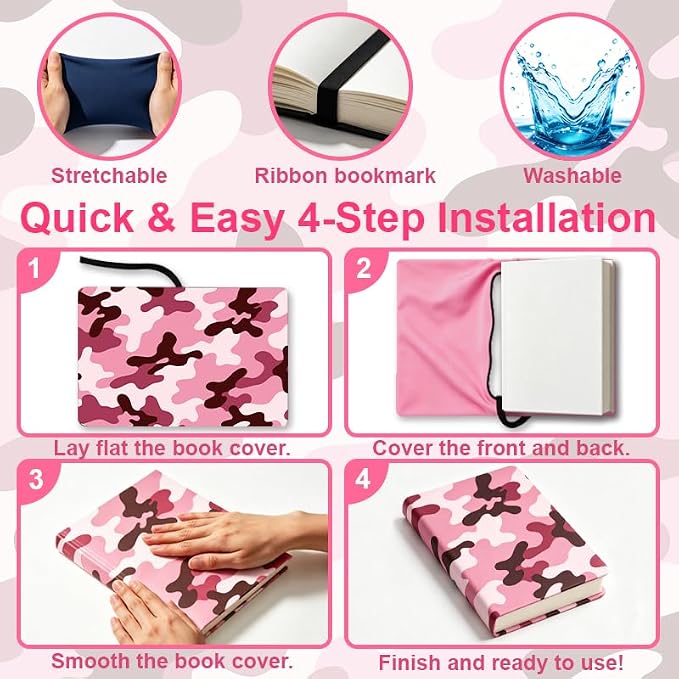Camouflage Patern Stretchable Book Cover 15.7"x9.8", Elastic Washable Book Protector for Hardcover Textbooks Paperbacks, Reusable Polyester Book Sleeve for Women