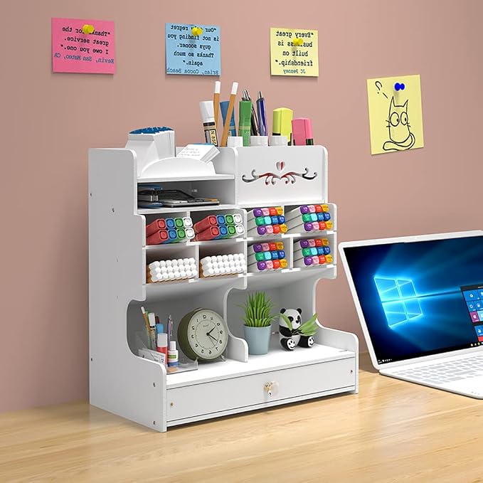 Hggzeg White Pen Holder with Compartments and Drawer, Marker Organizer, Art Supply Accessories, Multi-Functional Pencil Storage, for Home, Office and School