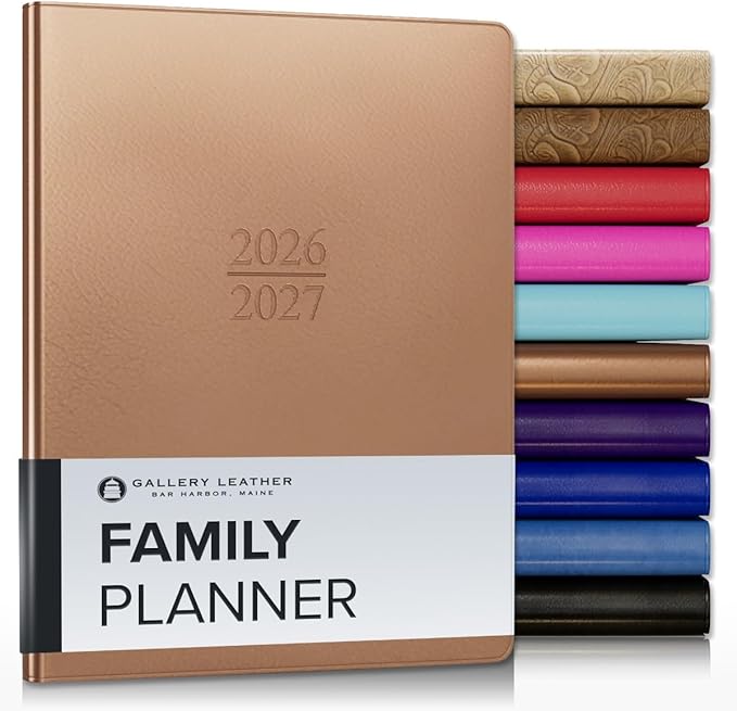 Gallery Leather Family Planner 2027, for moms, Elegantly Bound Calendar Planner and Notebook with Stylish White Page Edges, 18 Months - Freeport Metallic Rose Gold - 9x7"