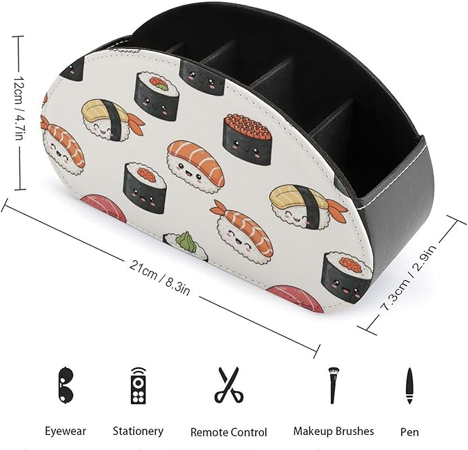 Remote Control Organizer Box with 5 Compartments, PU Leather Desktop Caddy for Media Controllers, Office, and Living Room, Kawaii Food Theme Japanese Sushi