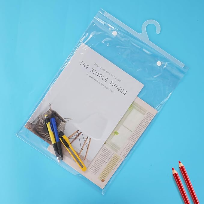 30 PCS Hanging Storage Bags with Hanger 11.8 x 15.7 inch Headphone Organizer Bags Scrapbook Paper Organizer Large Hook Waterproof & Dustproof Clear Plastic Bag Reusable for Classroom, and Pharmacy Use