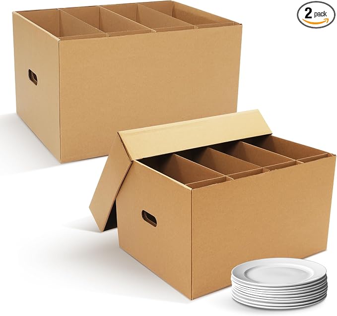 Fuyoooo 2 Pack Large Dish Packing Boxes for Moving with Divider 20 x 15 x 12 Inch Kitchen Moving Boxes with Reinforced Handle Lid Packing Supplies for Dishes and Glassware