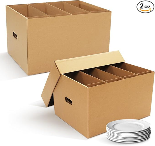 Fuyoooo 2 Pack Large Dish Packing Boxes for Moving with Divider 20 x 15 x 12 Inch Kitchen Moving Boxes with Reinforced Handle Lid Packing Supplies for Dishes and Glassware