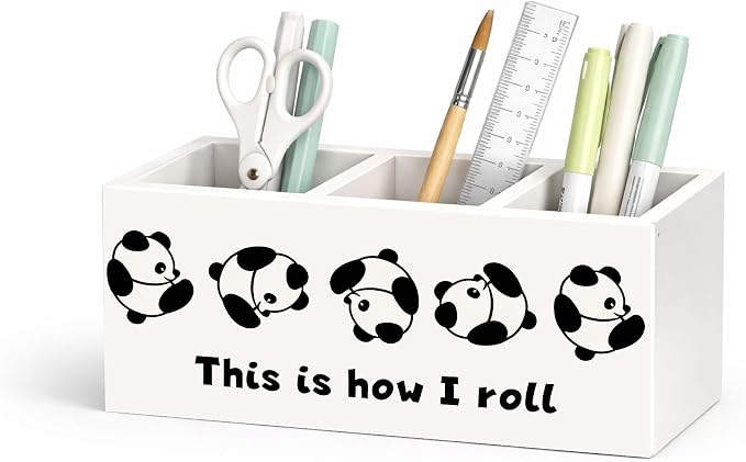 Wooden Desk Organizer with Panda Design, 3 Compartment Pen Pencil Holder, Decorative Office Supply Storage Box for Home, Office, Desk Table, Gift for Friends and Coworkers