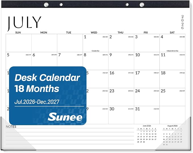 SUNEE Desk Calendar 2026-2027, 14.5" x 11.5", 18-Month Monthly Desk Calendar from Jul. 2026 - Dec. 2027, Academic Desk Calendar for Teacher, School, White