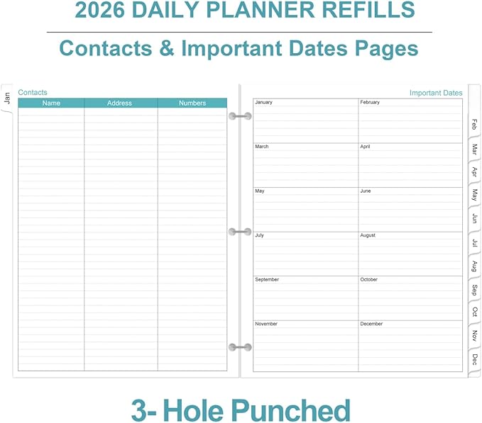 2026 Planner Refill - One Page Per Day, 3-Hole Daily ＆ Monthly Planner Refills, January 2026-December 2026, Prioritized, To-Do List, Notes, Appointment Schedule, Folio Size, 8.5" x 11"